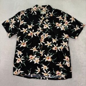 Paradise Found Mens Large Button Shirt Black Floral Orchid Hawaiian Aloha Rayon